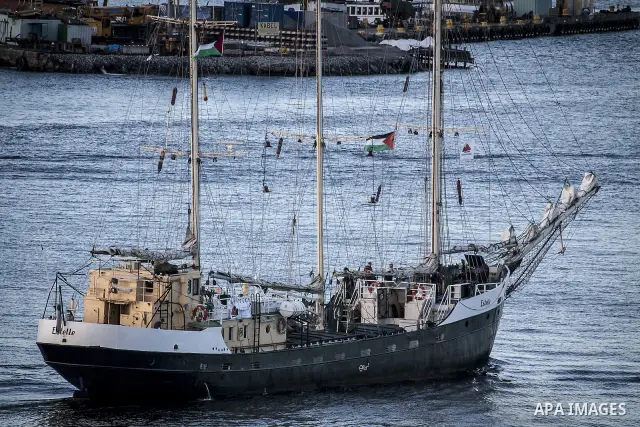 July 13, 2012 - Stockholm, Stockholm, Sweden - The humanitarian aid ship ''Estelle'' sets sail at the Skeppsbron port, Stockholm. The ship is part of a pro-palestinian caravan which heads to Gaza strip with the purpose t...