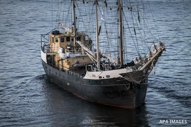 July 13, 2012 - Stockholm, Stockholm, Sweden - The humanitarian aid ship ''Estelle'' sets sail at the Skeppsbron port, Stockholm. The ship is part of a pro-palestinian caravan which heads to Gaza strip with the purpose t...