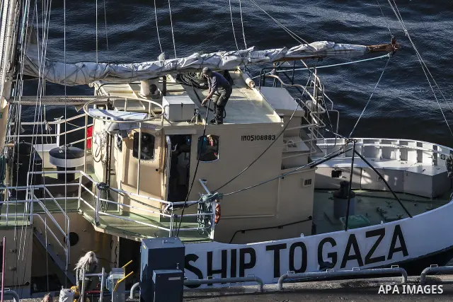 July 13, 2012 - Stockholm, Stockholm, Sweden - The humanitarian aid ship ''Estelle'' sets sail at the Skeppsbron port, Stockholm. The ship is part of a pro-palestinian caravan which heads to Gaza strip with the purpose t...