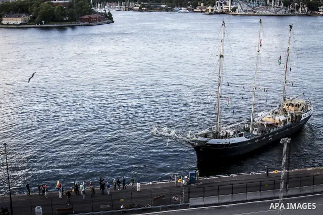 July 13, 2012 - Stockholm, Stockholm, Sweden - The humanitarian aid ship ''Estelle'' sets sail at the Skeppsbron port, Stockholm. The ship is part of a pro-palestinian caravan which heads to Gaza strip with the purpose t...