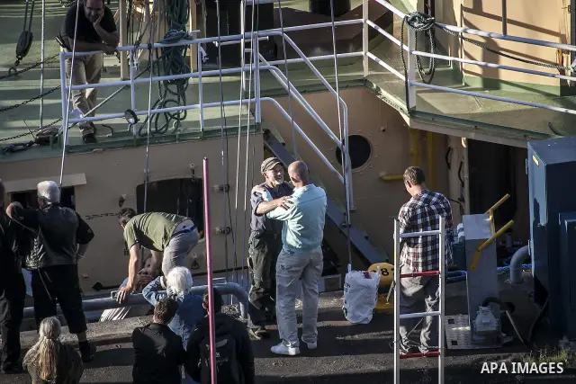 July 13, 2012 - Stockholm, Stockholm, Sweden - The humanitarian aid ship ''Estelle'' sets sail at the Skeppsbron port, Stockholm. The ship is part of a pro-palestinian caravan which heads to Gaza strip with the purpose t...