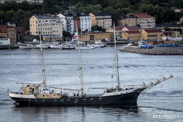 July 13, 2012 - Stockholm, Stockholm, Sweden - The humanitarian aid ship ''Estelle'' sets sail at the Skeppsbron port, Stockholm. The ship is part of a pro-palestinian caravan which heads to Gaza strip with the purpose t...