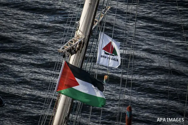 July 13, 2012 - Stockholm, Stockholm, Sweden - The humanitarian aid ship ''Estelle'' sets sail at the Skeppsbron port, Stockholm. The ship is part of a pro-palestinian caravan which heads to Gaza strip with the purpose t...