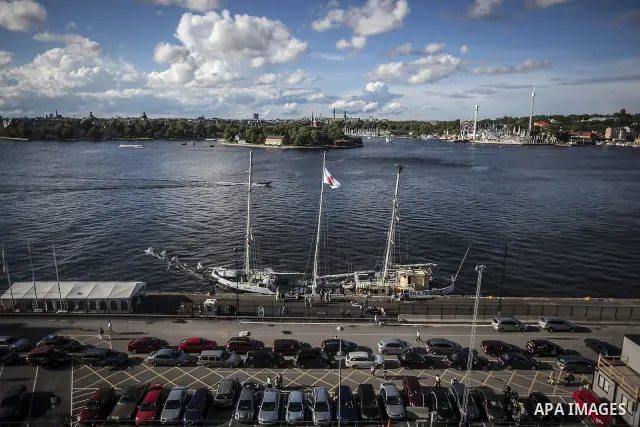 July 13, 2012 - Stockholm, Stockholm, Sweden - The humanitarian aid ship ''Estelle'' sets sail at the Skeppsbron port, Stockholm. The ship is part of a pro-palestinian caravan which heads to Gaza strip with the purpose t...