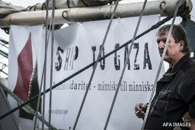 July 13, 2012 - Stockholm, Stockholm, Sweden - The humanitarian aid ship ''Estelle'' sets sail at the Skeppsbron port, Stockholm. The ship is part of a pro-palestinian caravan which heads to Gaza strip with the purpose t...