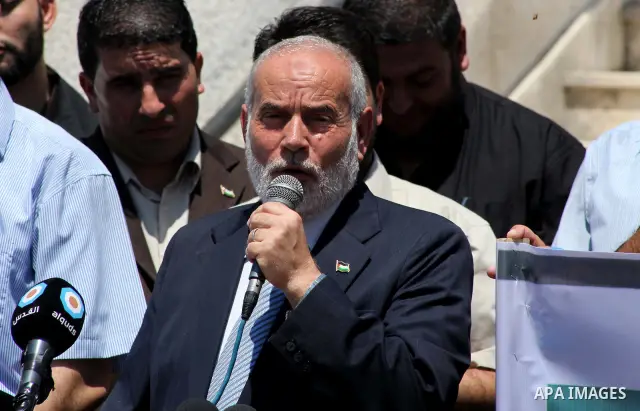 The spokesman of Hamas Parliament, Ahmed Bahar, delivers speech during a protest against political arrests by the security forces in the West Bank, Gaza City on July 15, 2012. Photo by Ashraf Amra
