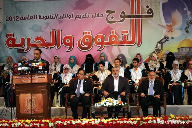 Palestinian Prime Minister in Gaza Ismail Haniyeh attends the ceremony for superior high school students in Gaza city, on 19 July 2012. The Ministry of Education in Gaza Strip announced the final results of high school f...