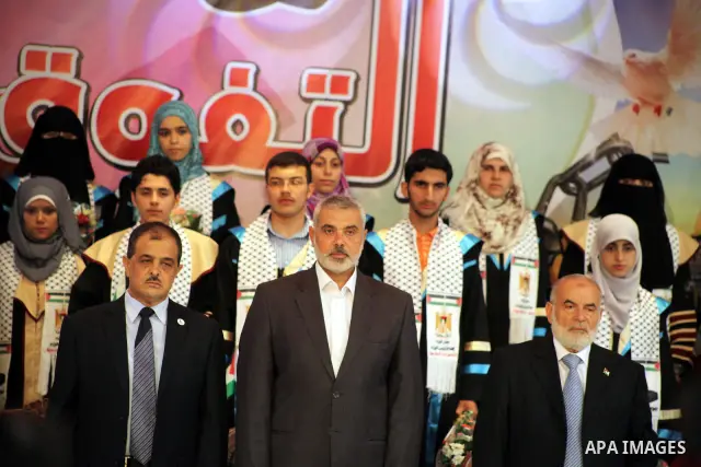 Palestinian Prime Minister in Gaza Ismail Haniyeh attends the ceremony for superior high school students in Gaza city, on 19 July 2012. The Ministry of Education in Gaza Strip announced the final results of high school f...