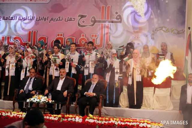 Palestinian Prime Minister in Gaza Ismail Haniyeh attends the ceremony for superior high school students in Gaza city, on 19 July 2012. The Ministry of Education in Gaza Strip announced the final results of high school f...