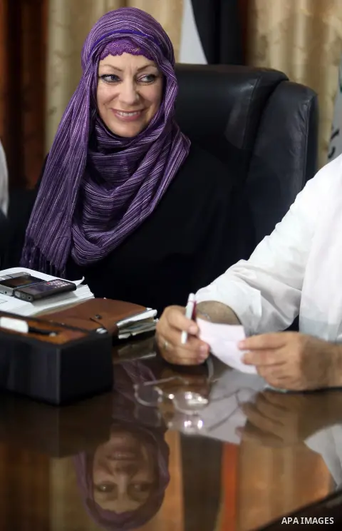 British citizen Anne Kennedy, 49, at the headquarters of the Palestinian Muslim Scholars association in Gaza city July 21, 2012 during a press conference to announcing her conversion to Islam in during the holy month of...