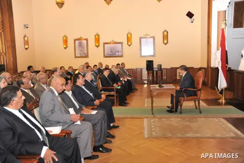 Egyptian President Mohamed Morsi delivering a speech to the Egyptian Labour and Union representatives at the Presidential Palace in Cairo, on July 25, 2012. Photo by Ahmed Fouad \ EGYPTIAN PRESIDENCY