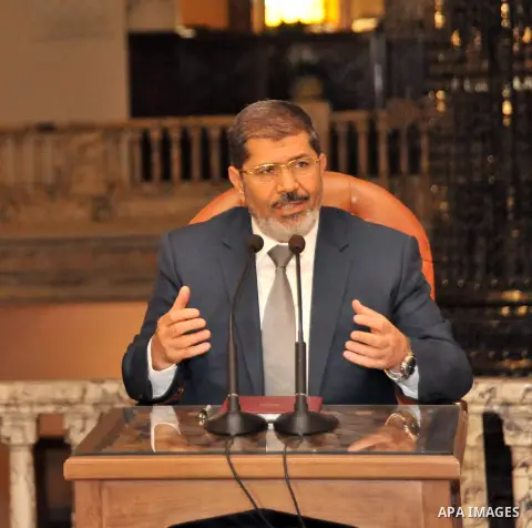 Egyptian President Mohamed Morsi delivering a speech to the Egyptian Labour and Union representatives at the Presidential Palace in Cairo, on July 25, 2012. Photo by Ahmed Fouad \ EGYPTIAN PRESIDENCY