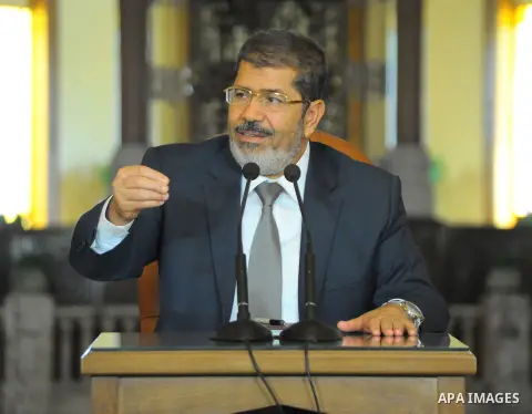 Egyptian President Mohamed Morsi delivering a speech to the Egyptian Labour and Union representatives at the Presidential Palace in Cairo, on July 25, 2012. Photo by Mohammed Smaha \ EGYPTIAN PRESIDENCY
