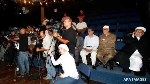 Sheikh Raed Salah Sheikh Ikrima Sabri and lawyer Khaled Zabarqa during a press conference to reveal the last of Israeli assaults on al-Aqsa Mosque and the hill of Bab al-maghareba, in Jerusalem city on 31 July 2012. Phot...
