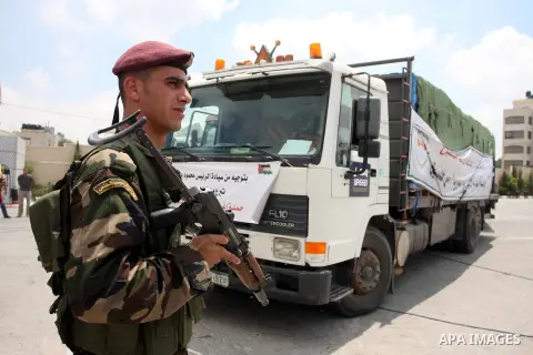 Palestinian trucks carrying food and medical supplies, which reportedly were provided by the Palestinian people, for a convoy ready to leave Ramallah bound for Syria, in Ramallah, West Bank, 05 August 2012. The convoy of...