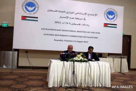 Palestinian foreign minister Riad al-Malki speaks to the press in the West Bank city of Ramallah on August 5, 2012, as Non-Aligned Movement (NAM) ministers gather in the neighboring Jordanian capital Amman to take part i...