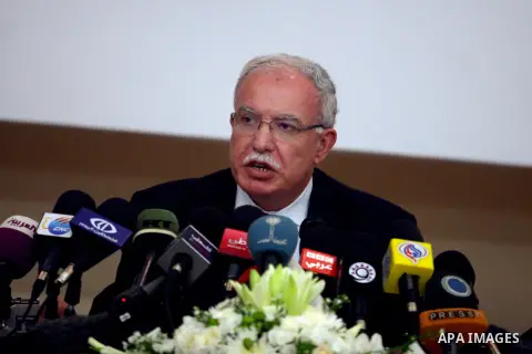 Palestinian foreign minister Riad al-Malki speaks to the press in the West Bank city of Ramallah on August 5, 2012, as Non-Aligned Movement (NAM) ministers gather in the neighboring Jordanian capital Amman to take part i...