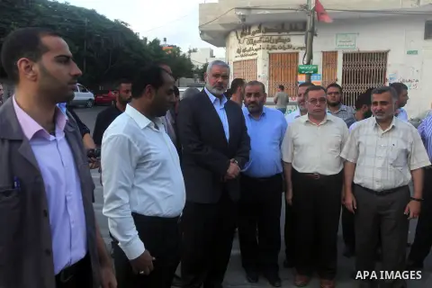 Palestinian Prime Minister in Gaza Strip, Ismail Haniyeh visits the mourning tent of the Egyptian soldiers who were killed on on Rafah border between Egypt and the southern Gaza Strip, on 06 August 2012. Egypt has closed...