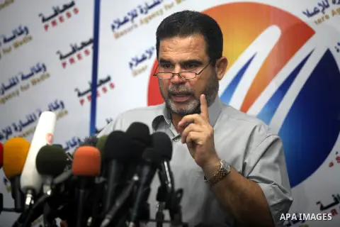 Palestinian Hamas Leader, Salah al-Bardawil speaks during press conference to discus in the last events on Rafah border between Egypt and the southern Gaza Strip, on Aug. 12, 2012. Photo by Majdi Fathi