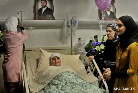Palestinian Dalal Al Zabin gives birth by IVF , wife of Palestinian Prisoners Ammar Al Zabin, who doomed him 27 Life imprisonment and 25 years held in Israeli jails since 1998, in the West Bank city of Nablus, on Aug. 13...