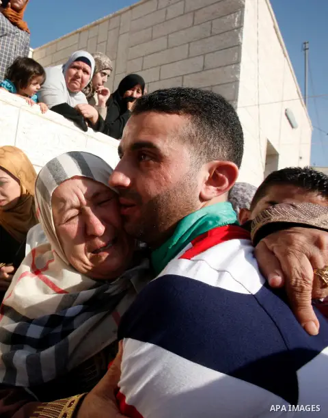 Palestinian released prisoner Aws Ibrahim Hamada with his relatives in neighborhood of Sour Baher in Jerusalem on Aug 13, 2012. Hamada spent 10 years in prison before the Israeli authorities release him. Photo by Mahfouz...