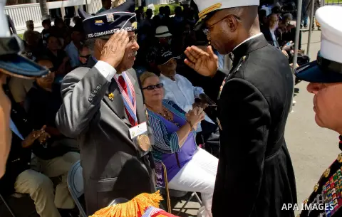 Aug. 14, 2012 - Oceanside, California, U.S. - Lowell Arnold, 86, left, salutes after Maj. Gen. Ronald Bailey awarded the Montford Point Marine a replica of Congressional Gold Medal at a commemorative ceremony at Camp Pen...