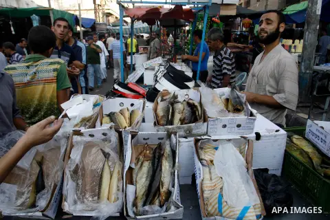 A Palestinian vendor sells traditional salted fish at a market in the southern Gaza strip town of Rafah on Aug 17,2012, as Muslims over the world prepare to celebrate Eid al-Fitr, a three day holiday marking the end of t...