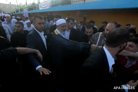 Palestinian Prime Minister in Gaza Strip, Ismail Haniyeh, gives a speech during Eid Al-Fitr prayers in Gaza City August 19, 2012. Eid al-Fitr marks the end of the Muslim holy month of Ramadan. Photo by Ashraf Amra