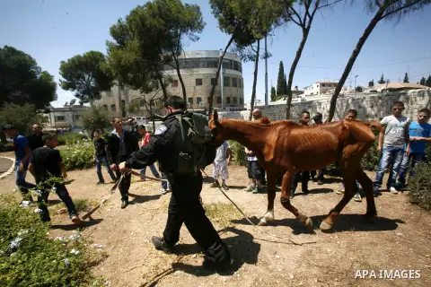 Israeli soldiers take position during a confiscated to horses for Palestinian boys in Jerusalem, on August 21, 2012. Photo by Mahfouz Abu Turk.