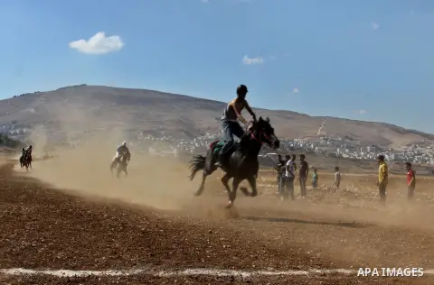 Palestinian jockeys ride their horses during a race in the West Bank city of Nablus on Aug 21, 2012. Hundreds of Palestinians from all over the West Bank gathered to follow the horse race on Tuesday in the northern West...
