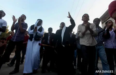 Palestinian friends and relatives celebrated the groom, Salah Khatab 25 years old, in ,Dear El-Balah, southern Gaza Strip on the eve of his wedding on August. 25, 2012, during the traditional celebration, Khatab was firs...