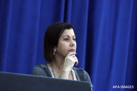 Zahava Gal-On, head of the Israeli left-wing Meretz party, in the Palestinian Authority's headquarters in the West Bank town of Ramallah, 26 August 2012, after meeting Palestinian President Mahmoud Abbas. Behind is a ban...