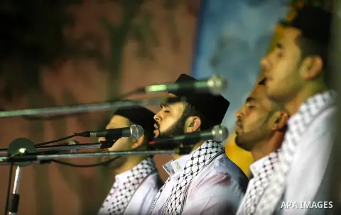 Palestinian Sufi artists performs the sufis songs during a celebration in Gaza city on Aug 28, 2012. Mystic songs symbolizing peace, brotherhood and love. Photo by Majdi Fathi