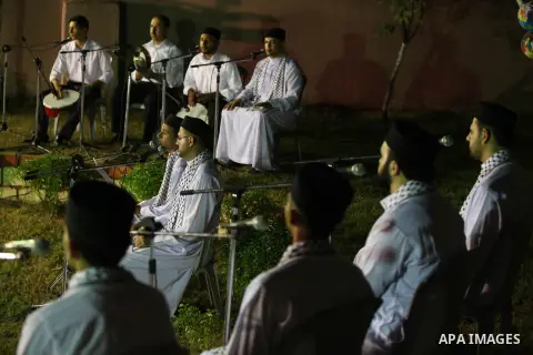 Palestinian Sufi artists performs the sufis songs during a celebration in Gaza city on Aug 28, 2012. Mystic songs symbolizing peace, brotherhood and love. Photo by Majdi Fathi