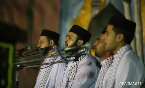 Palestinian Sufi artists performs the sufis songs during a celebration in Gaza city on Aug 28, 2012. Mystic songs symbolizing peace, brotherhood and love. Photo by Majdi Fathi