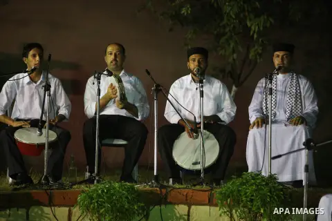 Palestinian Sufi artists performs the sufis songs during a celebration in Gaza city on Aug 28, 2012. Mystic songs symbolizing peace, brotherhood and love. Photo by Majdi Fathi