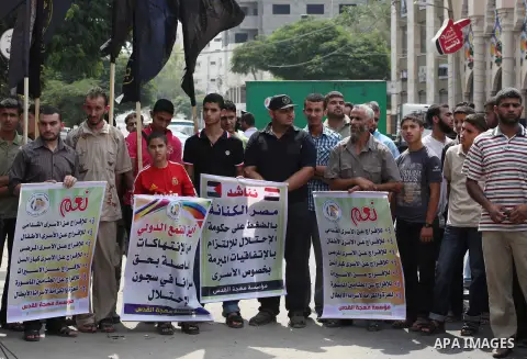 Palestinians hold up signs during a protest against administrative detention of Palestinian prisoners In Israeli jails, in front of the Red Cross headquarters in Gaza City on Aug. 29, 2012. Photo by Ashraf Amra