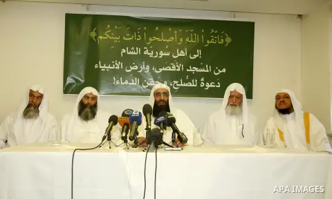 Sheikh Salah Abu Arafa speaks during press conference to discuss the situation in Syria at the Ambassador Hotel, in the West Bank city of Jerusalem, on Aug. 30, 2012. Photo by Mahfouz Abu Turk