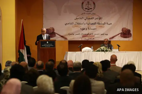 Palestinian Prime Minister, Salam Fayyad during the Fifth Judicial Conference "guaranteed right" in the West Bank city of Bethlehem, on Aug. 30, 2012. Photo by Mustafa Abu Dayeh