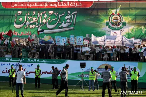 Palestinians attend a festival entitled "Jerusalem in our eyes" organized by Hamas movement, marking the 43rd anniversary of burning down al-Aqsa mosque in Gaza city on 30 Aug 2012. The Australian Jewish Dennis Michael R...