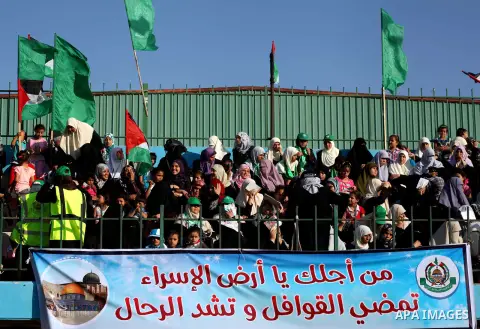 Palestinians attend a festival entitled "Jerusalem in our eyes" organized by Hamas movement, marking the 43rd anniversary of burning down al-Aqsa mosque in Gaza city on 30 Aug 2012. The Australian Jewish Dennis Michael R...