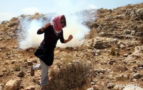Palestinian protester waves a flag as smoke from tear gas canisters fired by Israeli security forces rises during clashes at a protest against a nearby Jewish settlement, in the West Bank village of Nabi Saleh, near Rama...