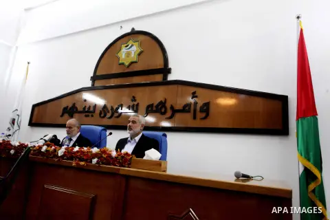 Ismail Haniya, the head of the Hamas government in the Gaza Strip, chairs a meeting members of the Palestinian Legislative Council in Gaza City on September 2, 2012. Haniya, announced a cabinet reshuffle, appointing seve...