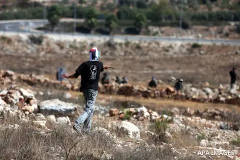 Palestinian youths wave their national flag during a protest against the confiscation of Palestinian land to expand Jewish settlements in the West Bank village of Nabi Saleh near Ramallah on Friday, Sept. 07, 2012. Photo...
