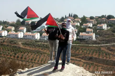 Palestinian youths wave their national flag during a protest against the confiscation of Palestinian land to expand Jewish settlements in the West Bank village of Nabi Saleh near Ramallah on Friday, Sept. 07, 2012. Photo...