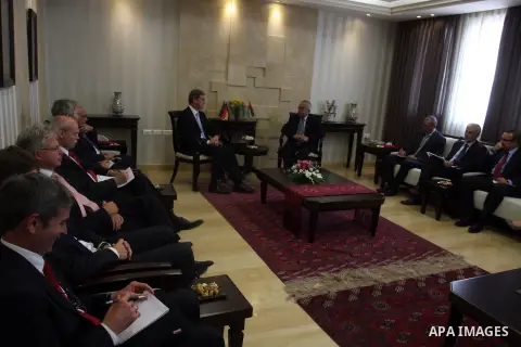 Palestinian Prime Minister Salam Fayyad (R) meets with Germany's Foreign Minister Guido Westerwelle in the West Bank city of Ramallah September 9, 2012. Westerwelle urged Iran on Sunday to bring "substantial offers" to a...