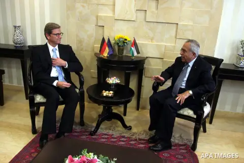 Palestinian Prime Minister Salam Fayyad (R) meets with Germany's Foreign Minister Guido Westerwelle in the West Bank city of Ramallah September 9, 2012. Westerwelle urged Iran on Sunday to bring "substantial offers" to a...