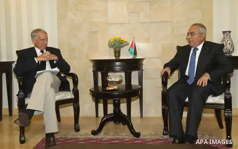 Palestinian Prime Minister, Salam Fayyad, meets with Mr. Giuliano Bezabia Mayor Italian city of Milan, in thw West Bank city of Ramallah, on Sep. 12, 2012. Photo by Mustafa Abu Dayeh