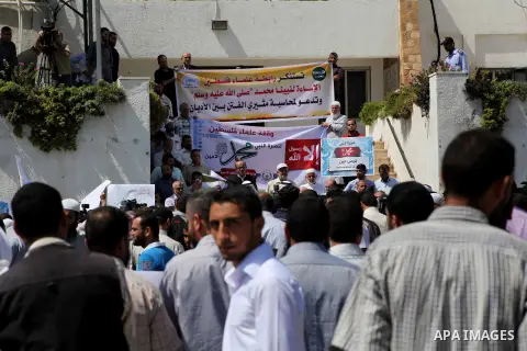 Palestinians protest against the movie, "Innocence of Muslims," in front of the Legislative Council in Gaza City, Sept. 13, 2012. Muslim anger over perceived Western insults to Islam has exploded several times, most rece...
