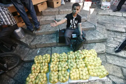 A Palestinian child sells pears at the market of Jerusalem's old city on Sept. 16, 2012. Photo by Mahfouz Abu Turk